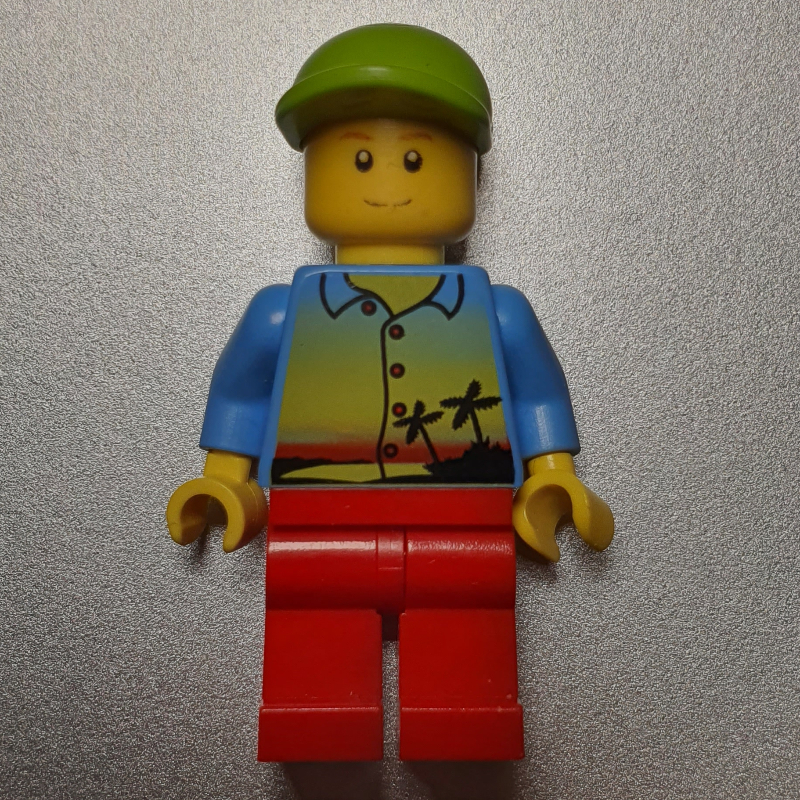LEGO Man, Medium Blue Shirt with Palm Trees and Sunset, Red Legs, Lime Cap (fig-008884)