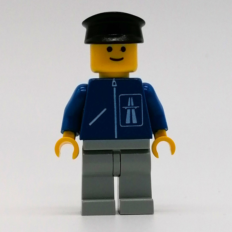 LEGO Man, Blue Jacket with Highway Logo, Light Gray Legs, Black Hat (fig-008886)