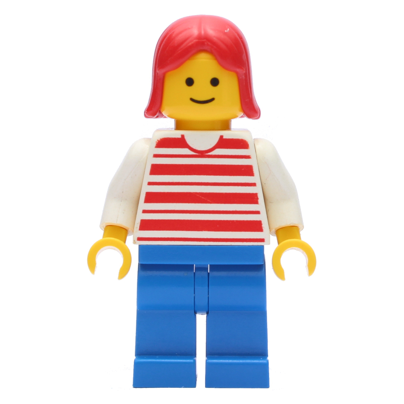 LEGO Woman, Red and White Striped Shirt, Blue Legs, Red Hair (fig-008887)