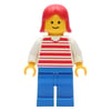 Woman, Red and White Striped Shirt, Blue Legs, Red Hair
