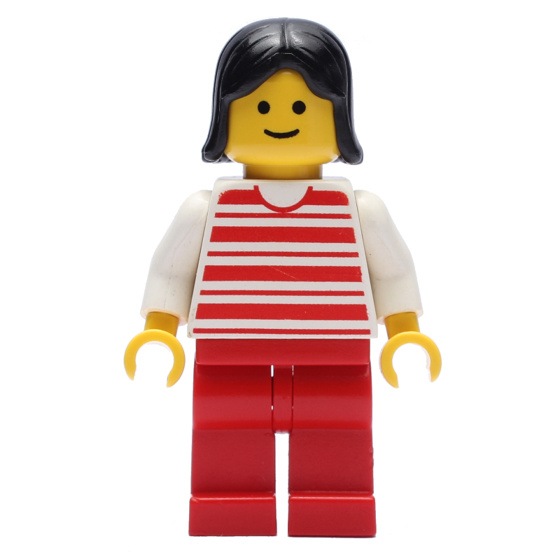 LEGO Woman, Red and White Striped Shirt, Red Legs, Black Hair (fig-008888)