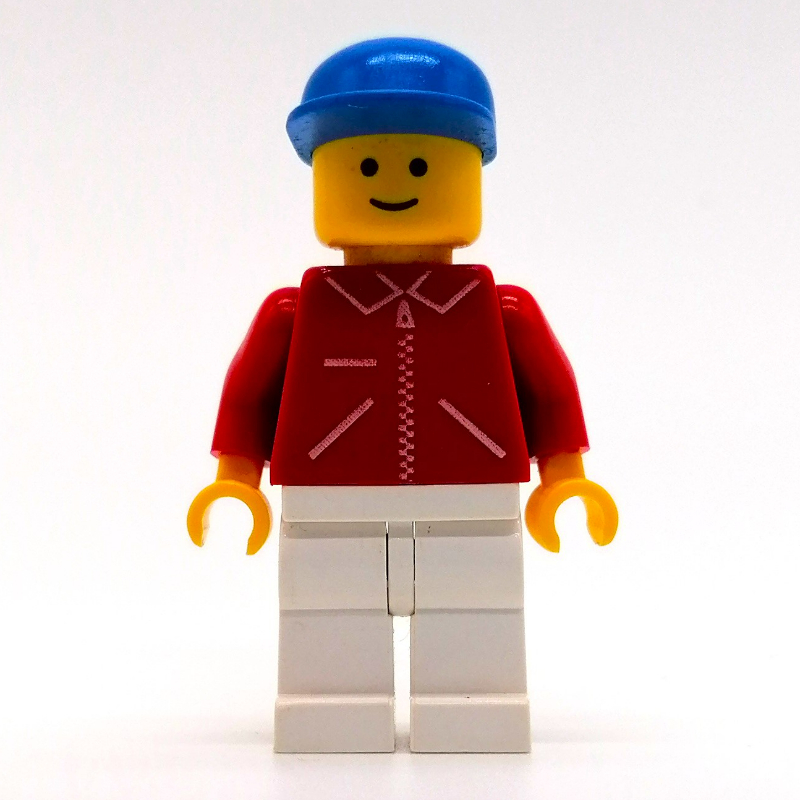 LEGO Man, Red Jacket with Zipper and Pockets, White Legs, Blue Cap (fig-008890)