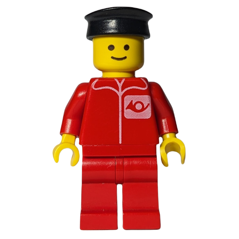LEGO Postal Worker, Red Shirt with Horn Logo, Red Legs, Black Hat (fig-008894)