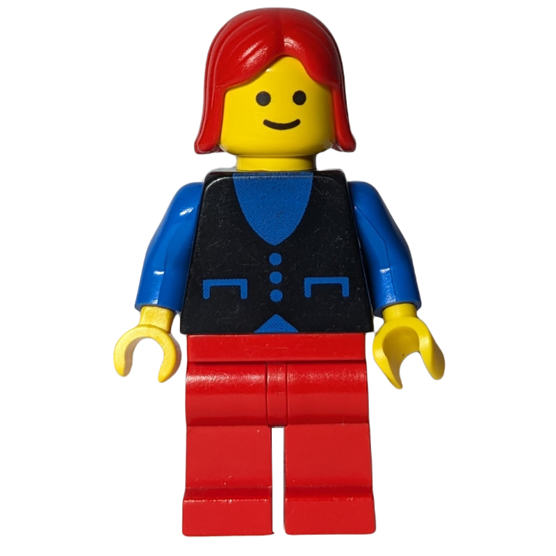 LEGO Woman, Black Vest over Blue Top, Red Legs, Red Hair (fig-008895)