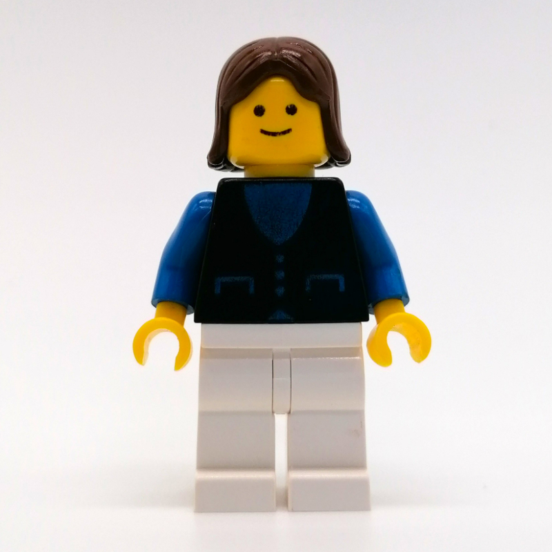 LEGO Woman, Black Vest over Blue Top, White Legs, Brown Hair (fig-008896)