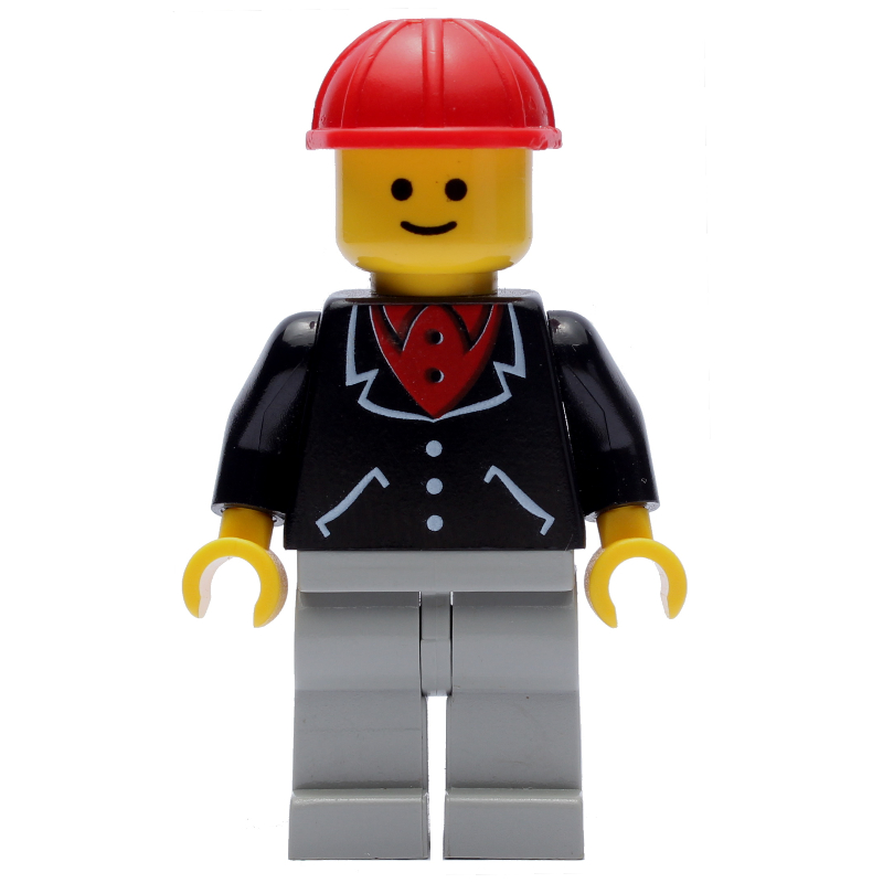LEGO Man, Black Jacket over Red Shirt, Light Gray Legs, Red Hard Hat (fig-008897)