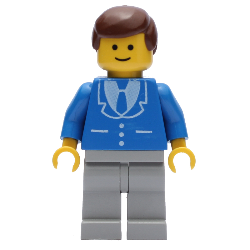 LEGO Man, Blue Jacket with Tie and Three Buttons, Light Gray Legs, Brown Hair (fig-008898)