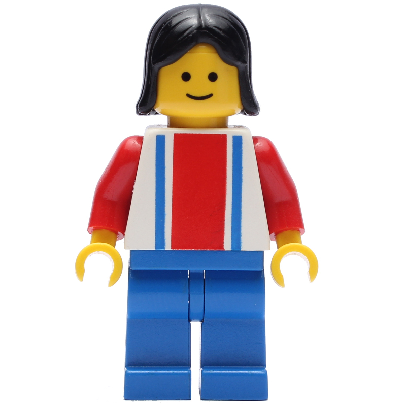 LEGO Woman, White Top with Large Red Stripe and 2 Blue Stripes, Blue Legs, Black Hair (fig-008900)