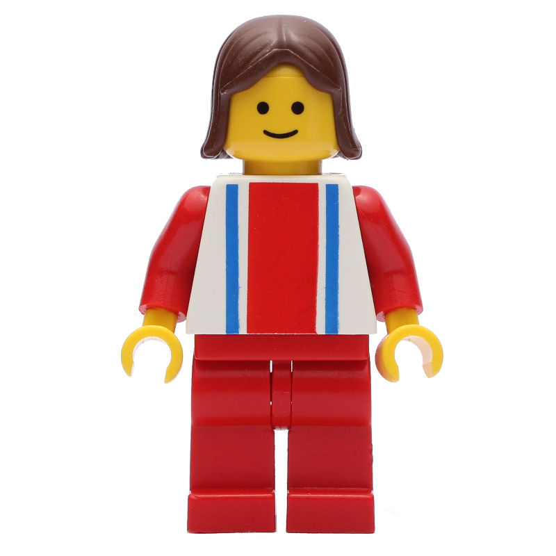 LEGO Woman, White Top with Large Red Stripe and 2 Blue Stripes, Red Legs, Brown Hair (fig-008901)