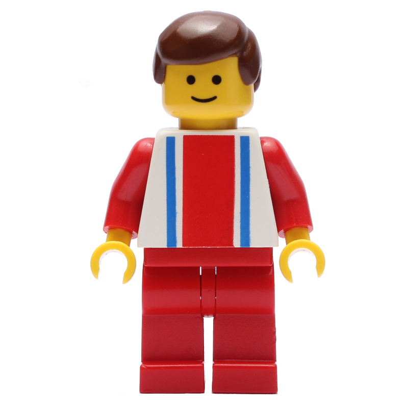 LEGO Man, White Top with Large Red Stripe and 2 Blue Stripes, Red Legs, Brown Hair (3626a Head) (fig-008983)