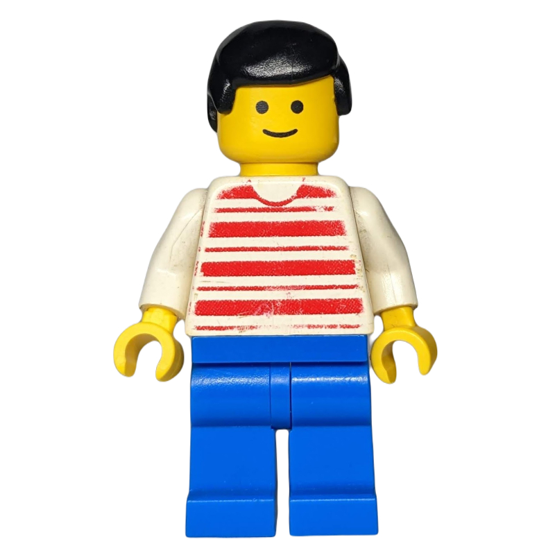 LEGO Man, Red and White Striped Shirt, Blue Legs, Black Hair (fig-008986)