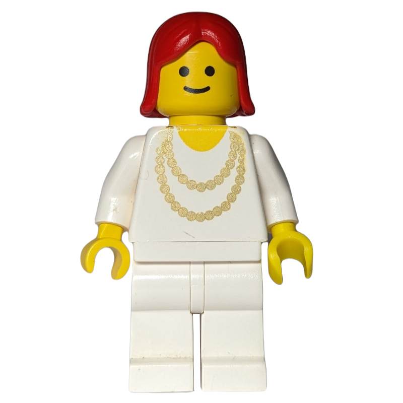 LEGO Woman, White Shirt with Gold Necklace, White Legs, Red Hair (fig-008987)
