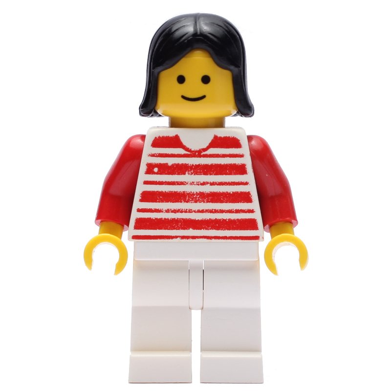 LEGO Woman, Red and White Striped Shirt, White Legs, Black Hair (3626a Head) (fig-008988)