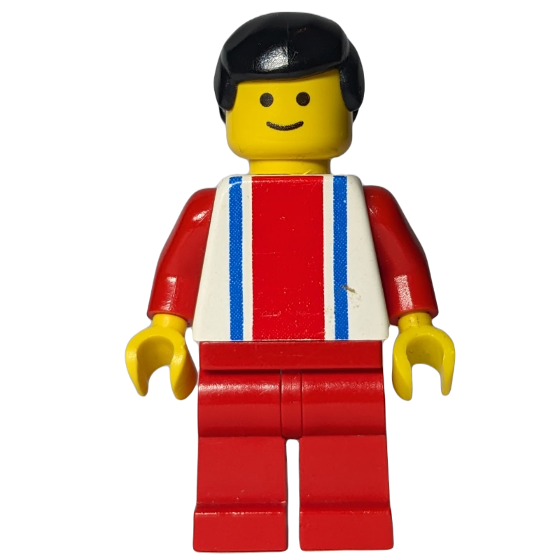 LEGO Man, White Top with Large Red Stripe and 2 Blue Stripes, Red Legs, Black Hair (fig-008989)