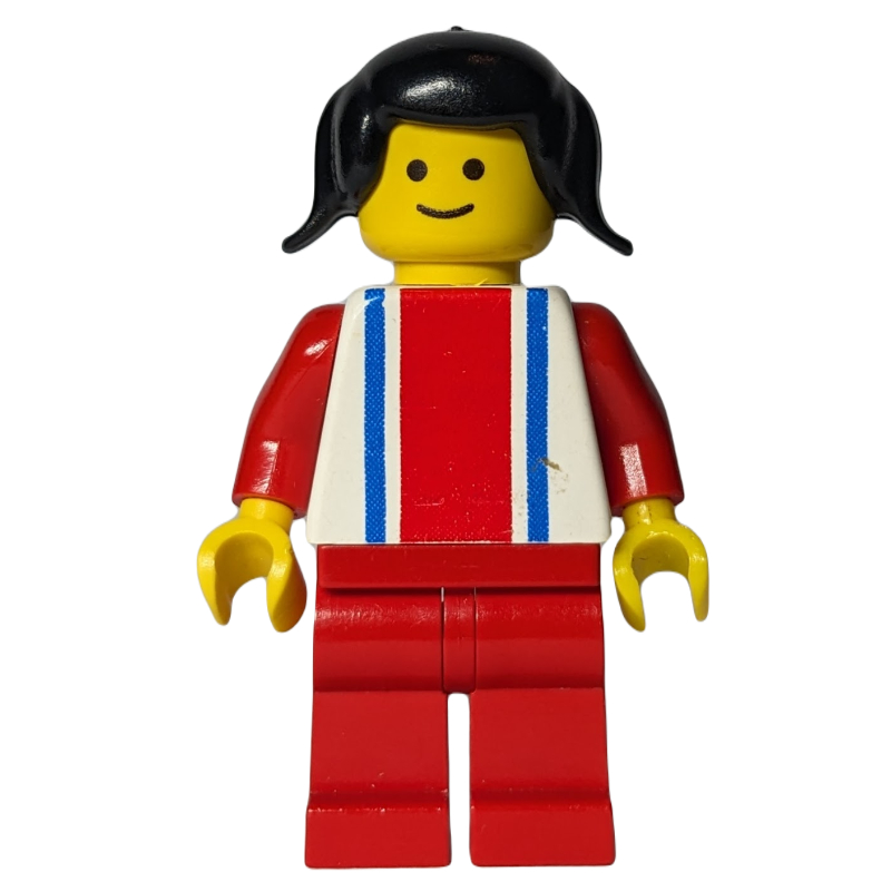 LEGO Woman, White Top with Large Red Stripe and 2 Blue Stripes, Red Legs, Black Pigtails Hair (fig-008992)