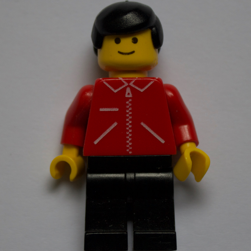 LEGO Man, Red Jacket with Zipper and Pockets, Black Legs, Black Hair (fig-008993)