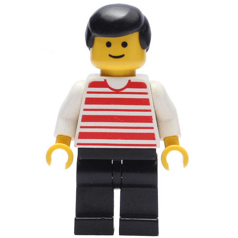 LEGO Man, Red and White Striped Shirt, Black Legs, Black Hair (fig-008994)