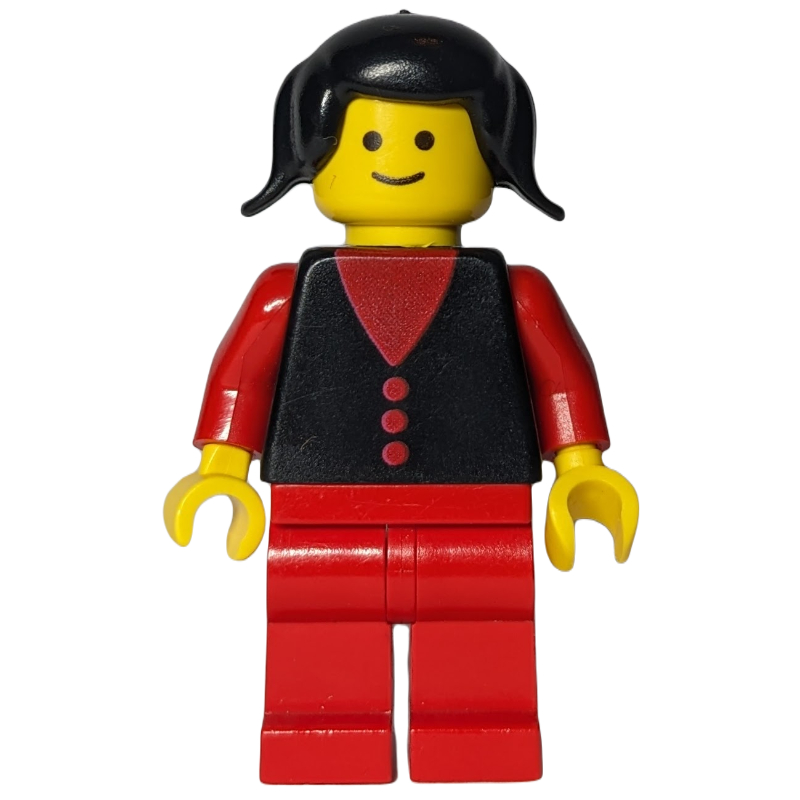 LEGO Woman, Black Vest over Red Top, Red Legs, Black Hair (fig-008996)