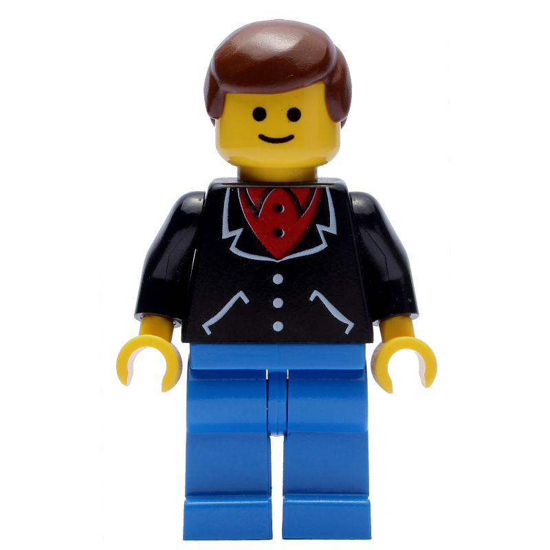 LEGO Man, Black Jacket over Red Shirt, Blue Legs, Brown Hair (fig-008997)
