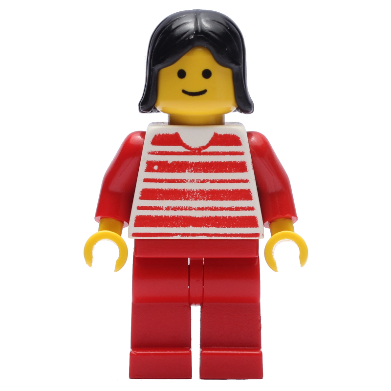 LEGO Red and White Striped Shirt, Red Legs, Black Hair (3626a Head) (fig-008998)