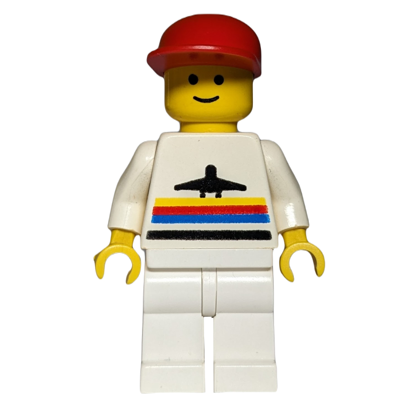 LEGO Man, White Shirt with Airplane, White Legs, Red Cap (fig-009006)