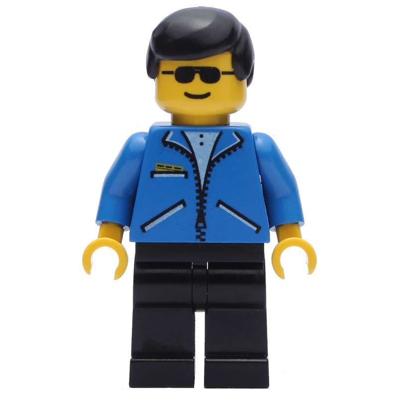 LEGO Man, Open Blue Jacket with Zipper, Black Legs, Black Hair, Sunglasses (fig-009012)