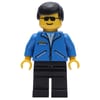 Man, Open Blue Jacket with Zipper, Black Legs, Black Hair, Sunglasses