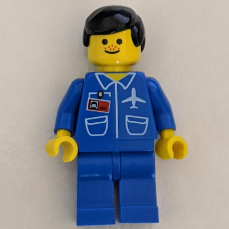 LEGO Ground Crew, Blue Jumpsuit with Plane and ID Badge, Black Hair (fig-009015)