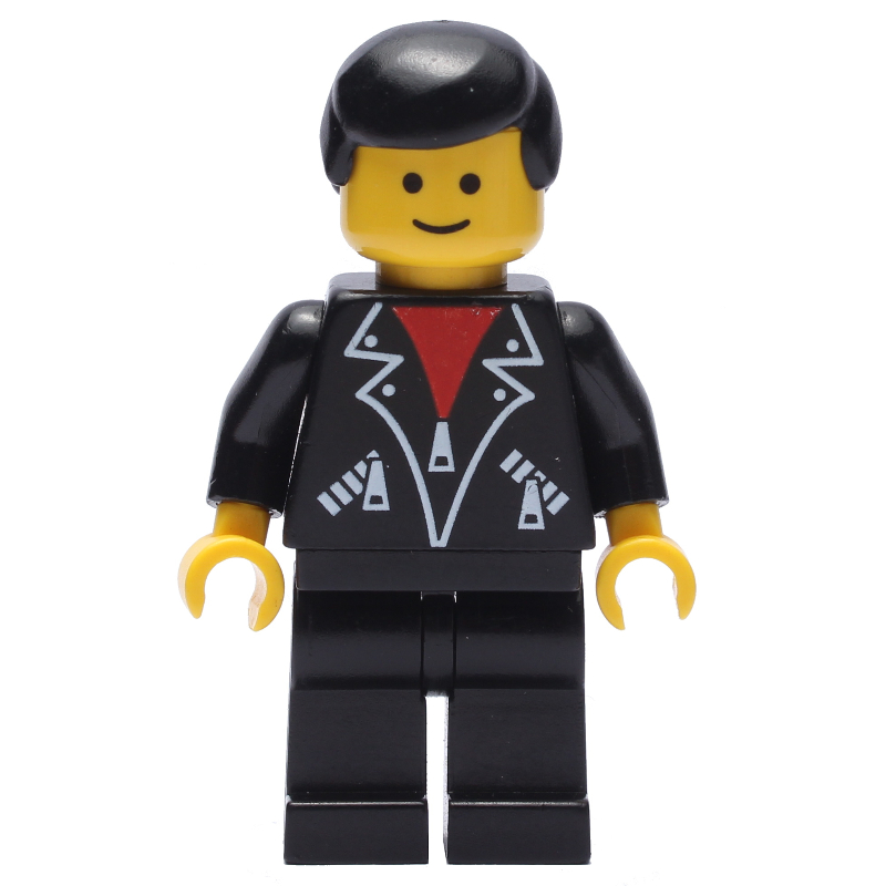 LEGO Man, Open Black Jacket over Red Shirt, Black Legs, Black Hair (fig-009016)