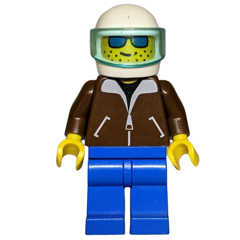 LEGO Man, Brown Jacket, Blue Legs, White Helmet with Visor, Blue Sunglasses (fig-009019)