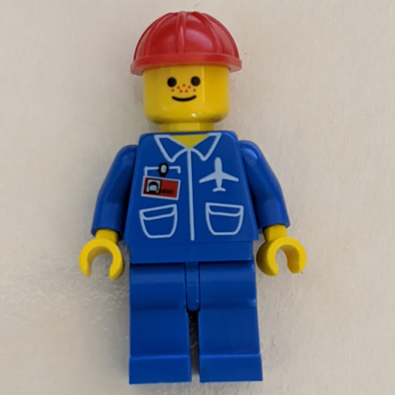 LEGO Ground Crew, Blue Jumpsuit with Plane and ID Badge, Red Hard Hat (fig-009020)