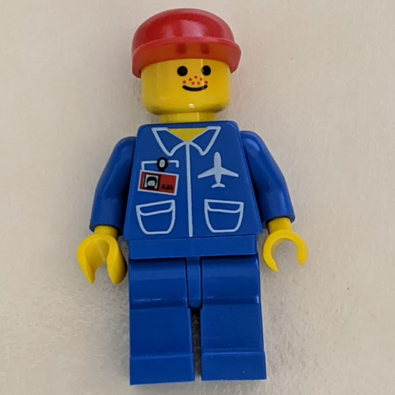 LEGO Ground Crew, Blue Jumpsuit with Plane and ID Badge, Red Cap (fig-009021)