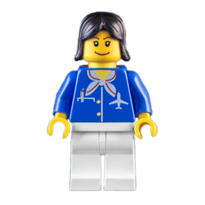 LEGO Airline Worker, Woman, Blue Jacket with Plane Logo and White Scarf, White Legs, Black Hair, Pink Lips (fig-009022)