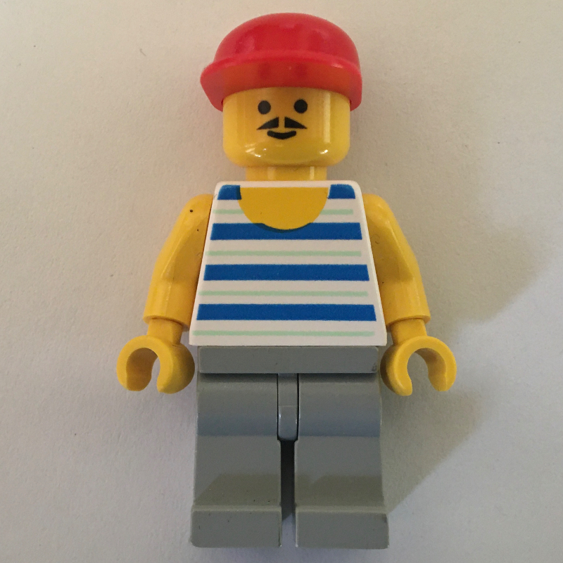 LEGO Man, Blue and White Striped Tank Top, Light Gray Legs, Red Cap, Moustache (fig-009023)
