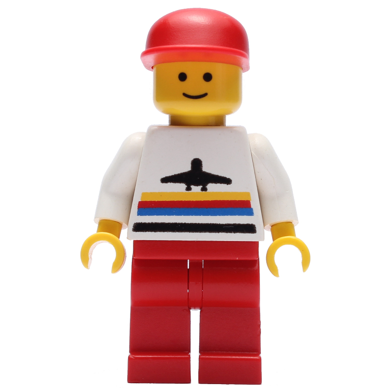 LEGO Man, White Shirt with Airplane, Red Legs, Red Cap (fig-009024)