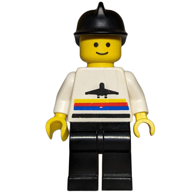 LEGO Man, White Shirt with Airplane, Black Legs, Black Helmet (fig-009025)