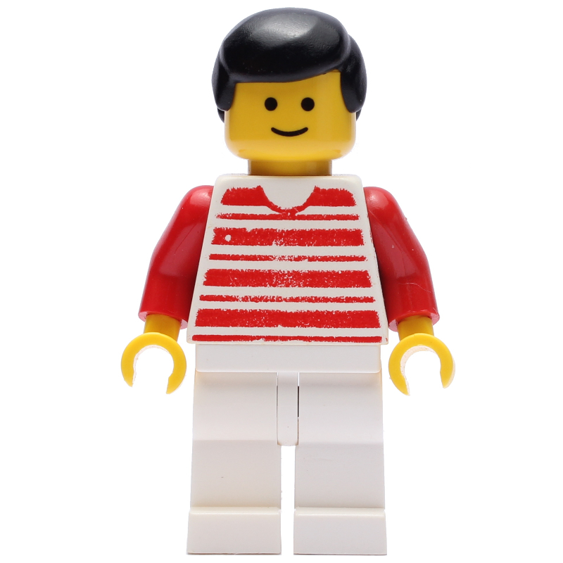 LEGO Man, White and Red Striped Shirt, White Legs, Black Hair (fig-009026)