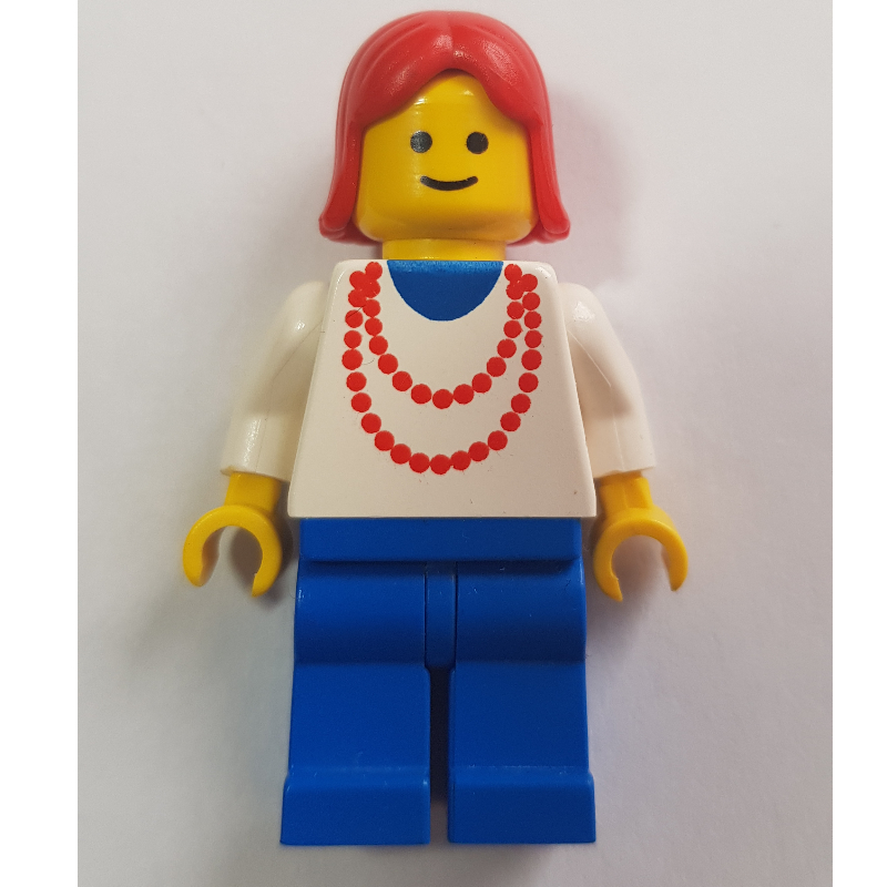LEGO Woman, White Top with Red Necklace, Blue Legs, Red Hair (fig-009027)