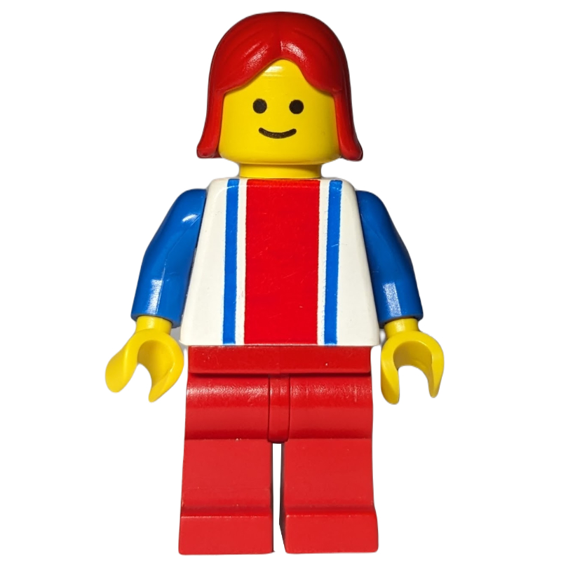 LEGO Woman, White Top with Large Red Stripe and 2 Blue Stripes, Red Legs, Red Hair (fig-009028)