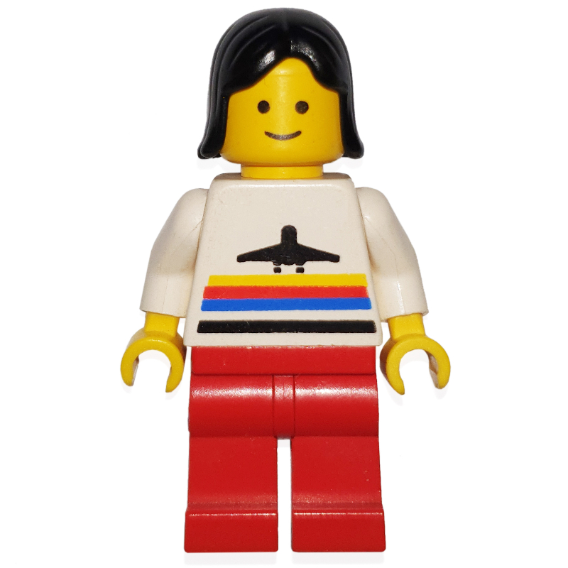 LEGO Woman, White Shirt with Airplane, Red Legs, Black Hair (fig-009032)