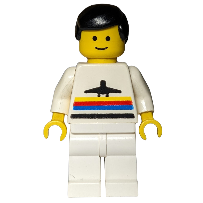 LEGO Man, White Shirt with Airplane, White Legs, Black Hair (fig-009033)