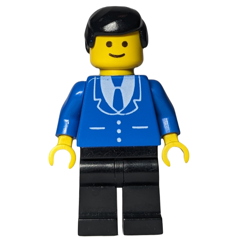 LEGO Man, Blue Jacket with Tie and Three Buttons, Black Legs, Black Hair (3626a Head) (fig-009035)