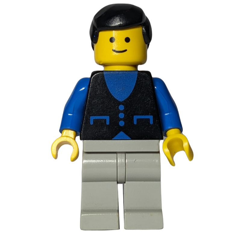 LEGO Man, Black Vest over Blue Shirt, Light Gray Legs, Black Hair (fig-009037)
