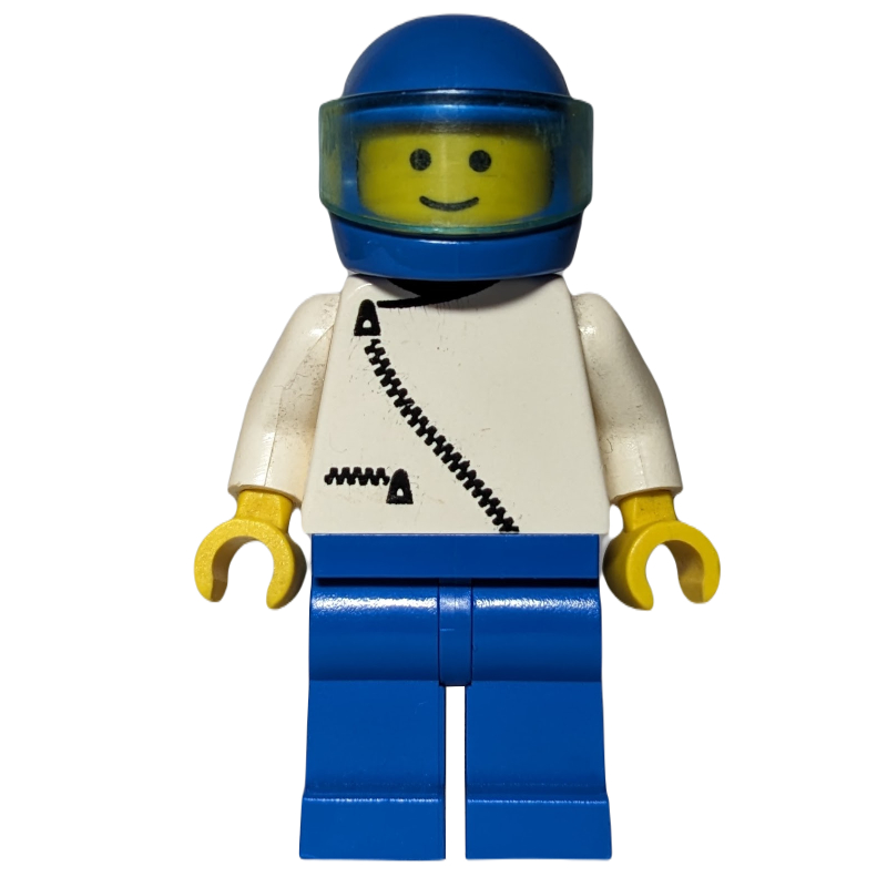 LEGO Man, White Jacket with Zipper, Blue Legs, Blue Helmet with Visor (fig-009039)