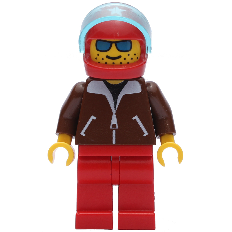 LEGO Pilot, Brown Jacket, Red Legs, Red Helmet with Stars and Visor, Blue Sunglasses (fig-009041)