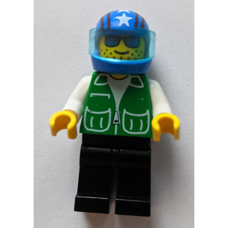 LEGO Pilot, Green Jacket, Black Legs, Blue Helmet with Stars and Visor, Blue Sunglasses (fig-009042)