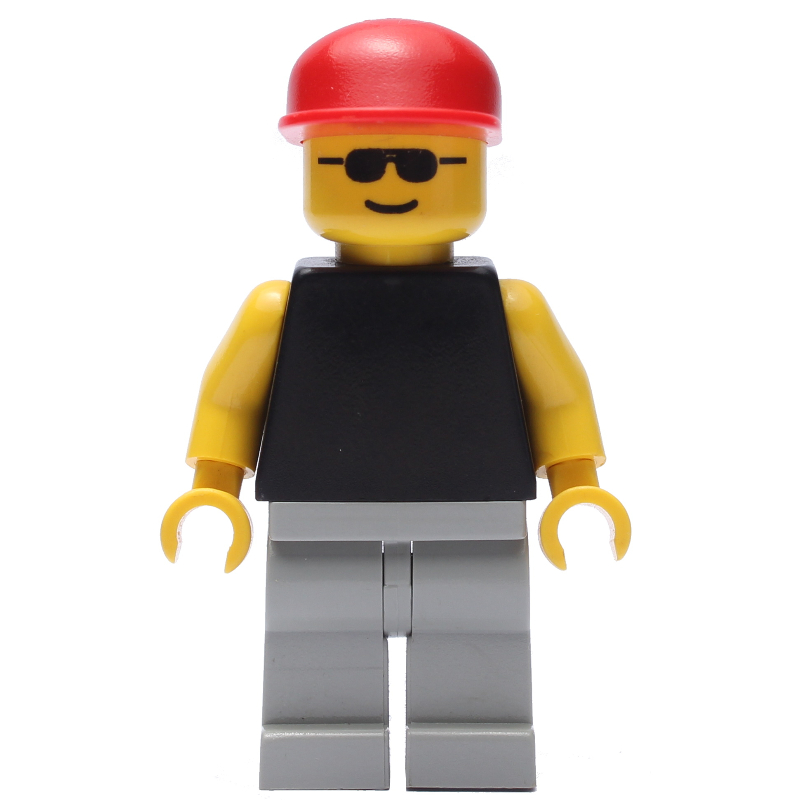 LEGO Man, Black Torso with Yellow Arms, Light Gray Legs, Red Cap, Sunglasses (fig-009051)
