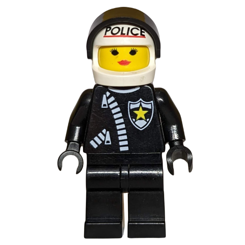 LEGO Paula - Policewoman, Black Jacket with Zipper and Badge, White Helmet with 'POLICE' and Visor (fig-009054)