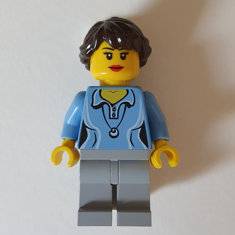 LEGO Woman, Medium Blue Polo Shirt with Necklace, Light Bluish Gray Legs, Dark Brown Hair (fig-009056)