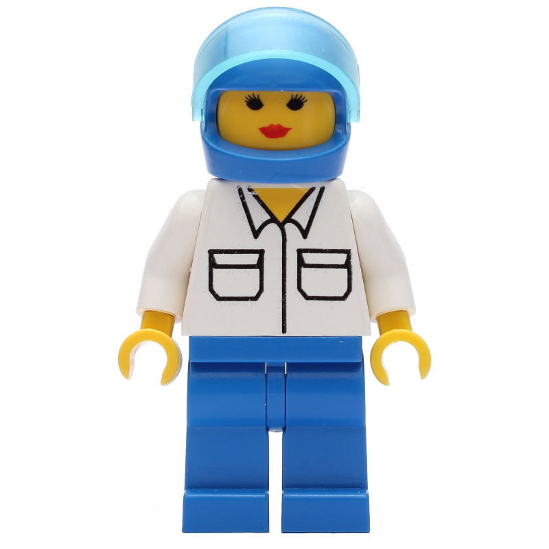 LEGO Woman, White Shirt with Pockets, Blue Legs, Blue Helmet with Visor (fig-009120)